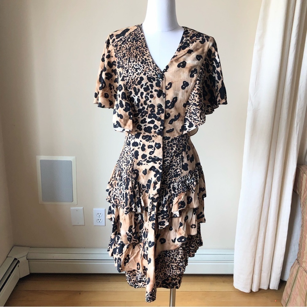 VINTAGE Tan & Black Leopard Print Body Con Dress Layered Ruffles 4/6
